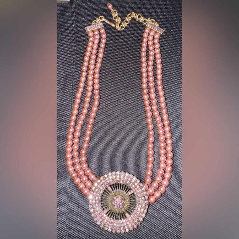 HEIDI DAUS Three Strand Faux Pearl Gold Tone Crystal Sparkle Statement Necklace